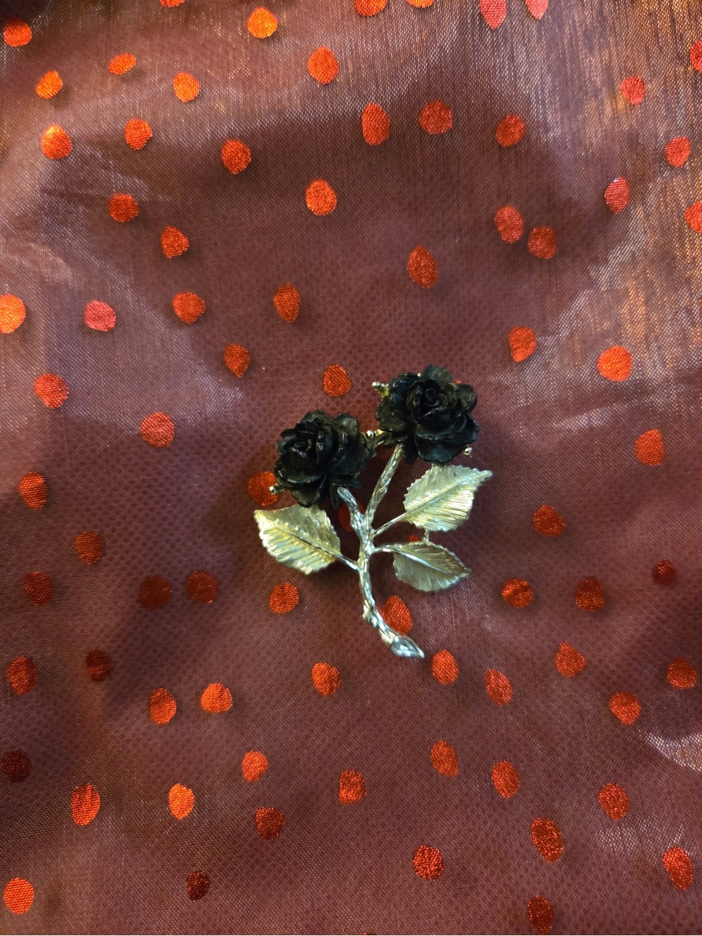 Black Rose Duo Brooch with Silver-Tone Leaves